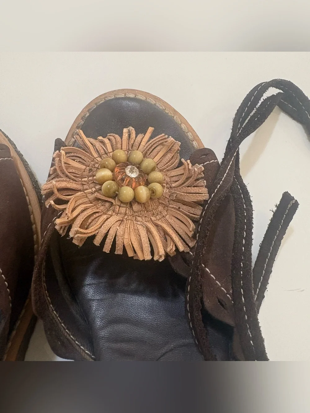 Brown Women's Floral Leather/Suede Lace-Up Wedge Sandals